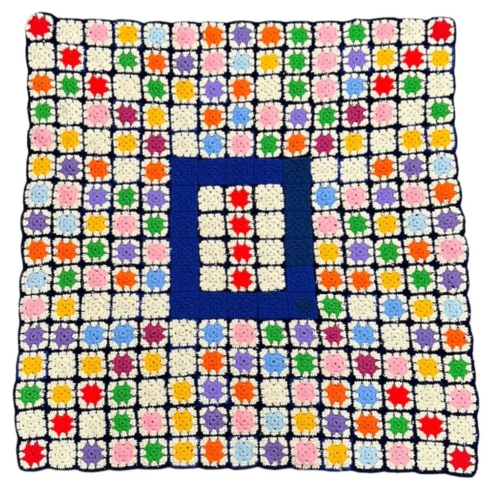 Vintage 70’s Granny Square Crochet Afghan Knitted Throw Blanket 48” x 51”